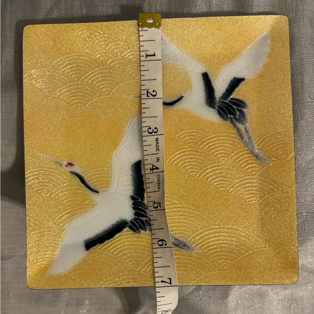 Tutanka Enamel Cloisonne Crane Pattern Tray Gold Background With Stand - Picture 3 of 4